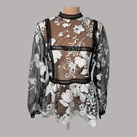 Gracia Black & White Floral Embroidered Long Sleeve Mesh Peplum Top L - Picture 1 of 16